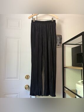 WAVERLES black pleated recycled poly straight leg pull on‎ pants